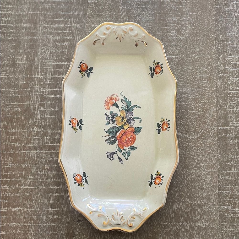 Vintage OAL Hand Painted Floral Trinket Dish w/ Gold Trim, Made in Portugal